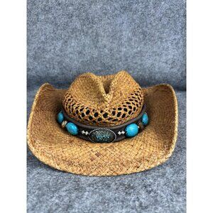 Shady Brady Hat Cowboy Fitted Mens Small Brown Straw Western Turquoise Beaded